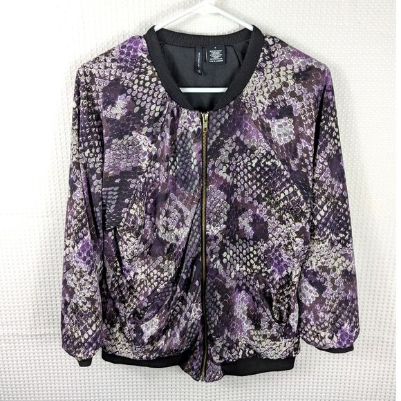 New Directions Small Purple Snakeskin Print Zip Bomber Jacket Womens Stretch - Picture 1 of 4